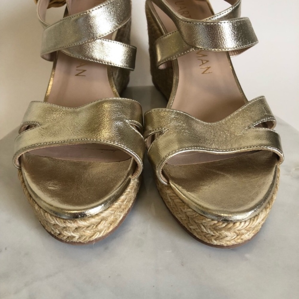 Stuart Weitzman Zuzu Metallic Gold Espadrille Platform Wedge Sandals Size 8 - Picture 6 of 16